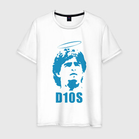 Мужская футболка хлопок с принтом Dios Maradona в Новосибирске, 100% хлопок | прямой крой, круглый вырез горловины, длина до линии бедер, слегка спущенное плечо. | argentina | maradona | messi | sport | аргентина | гол | диего | марадона | месси | мяч | рука бога | спорт | футбол | чемпион