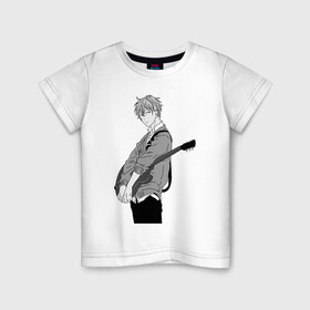Детская футболка хлопок с принтом Сато Мафую с гитарой чб в Новосибирске, 100% хлопок | круглый вырез горловины, полуприлегающий силуэт, длина до линии бедер | given | аниме | гитара | гитарист | дарованный | мафую | музыкант | певец | сато | сенен ай