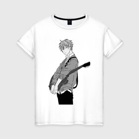 Женская футболка хлопок с принтом Сато Мафую с гитарой чб в Новосибирске, 100% хлопок | прямой крой, круглый вырез горловины, длина до линии бедер, слегка спущенное плечо | given | аниме | гитара | гитарист | дарованный | мафую | музыкант | певец | сато | сенен ай