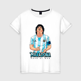 Женская футболка хлопок с принтом Марадона - Рука Бога в Новосибирске, 100% хлопок | прямой крой, круглый вырез горловины, длина до линии бедер, слегка спущенное плечо | argentina | maradona | messi | sport | аргентина | гол | диего | марадона | месси | мяч | рука бога | спорт | футбол | чемпион