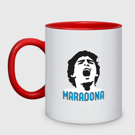 Кружка двухцветная с принтом Maradona Scream в Новосибирске, керамика | объем — 330 мл, диаметр — 80 мм. Цветная ручка и кайма сверху, в некоторых цветах — вся внутренняя часть | argentina | maradona | messi | sport | аргентина | гол | диего | марадона | месси | мяч | рука бога | спорт | футбол | чемпион