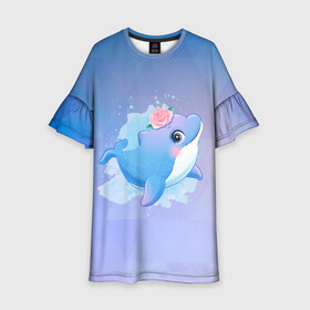 Детское платье 3D с принтом Дельфинчик в Новосибирске, 100% полиэстер | прямой силуэт, чуть расширенный к низу. Круглая горловина, на рукавах — воланы | Тематика изображения на принте: cute | dolphin | дельфин | дельфин в море | дельфинами | дельфинчик | милый | мир | подводный