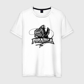 Мужская футболка хлопок с принтом Пиранья в Новосибирске, 100% хлопок | прямой крой, круглый вырез горловины, длина до линии бедер, слегка спущенное плечо. | black and white | black fish | fish | piranha | море | океан | пиранья | рыбка | с надписями | удочка | черная рыба
