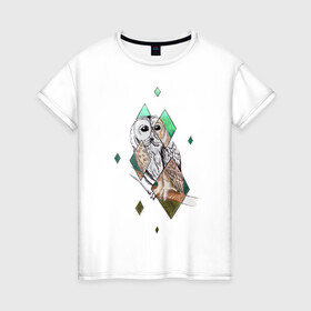 Женская футболка хлопок с принтом Owl rhombus в Новосибирске, 100% хлопок | прямой крой, круглый вырез горловины, длина до линии бедер, слегка спущенное плечо | геометрия | графика | природа | птицы | реализм | рисунок | ромб | ручная рисовка | сова