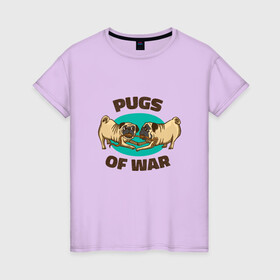 Женская футболка хлопок с принтом Pugs of War - Мопсы войны в Новосибирске, 100% хлопок | прямой крой, круглый вырез горловины, длина до линии бедер, слегка спущенное плечо | art | cute pugs | english | funny art | game | god of war | parody | pug | английская надпись | год оф вар | игра | иллюстрация | канат | милые мопсы | мопс | мопсики | пародия | перетягивание каната | прикол | пуг | пугель | рисунок
