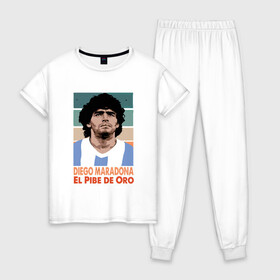 Женская пижама хлопок с принтом Maradona - El Pibe De Oro в Новосибирске, 100% хлопок | брюки и футболка прямого кроя, без карманов, на брюках мягкая резинка на поясе и по низу штанин | Тематика изображения на принте: argentina | maradona | messi | sport | аргентина | гол | диего | марадона | месси | мяч | рука бога | спорт | футбол | чемпион