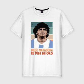 Мужская футболка хлопок Slim с принтом Maradona - El Pibe De Oro в Новосибирске, 92% хлопок, 8% лайкра | приталенный силуэт, круглый вырез ворота, длина до линии бедра, короткий рукав | argentina | maradona | messi | sport | аргентина | гол | диего | марадона | месси | мяч | рука бога | спорт | футбол | чемпион