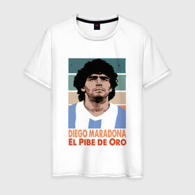 Мужская футболка хлопок с принтом Maradona - El Pibe De Oro в Новосибирске, 100% хлопок | прямой крой, круглый вырез горловины, длина до линии бедер, слегка спущенное плечо. | Тематика изображения на принте: argentina | maradona | messi | sport | аргентина | гол | диего | марадона | месси | мяч | рука бога | спорт | футбол | чемпион