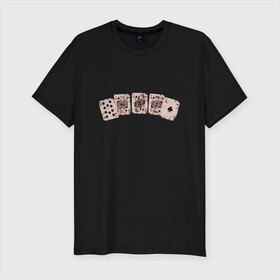Мужская футболка хлопок Slim с принтом Royal Flush Флеш Роял Покер в Новосибирске, 92% хлопок, 8% лайкра | приталенный силуэт, круглый вырез ворота, длина до линии бедра, короткий рукав | art | cards | casino | king | play cards | poker | retro | texas hold em | vintage | арт | валет | винтаж | дама | игральные карты | иллюстрация | казино | комбинация | король | ретро | старые карты | техасский холд | туз | флеш рояль