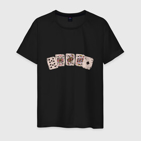 Мужская футболка хлопок с принтом Royal Flush Флеш Роял Покер в Новосибирске, 100% хлопок | прямой крой, круглый вырез горловины, длина до линии бедер, слегка спущенное плечо. | art | cards | casino | king | play cards | poker | retro | texas hold em | vintage | арт | валет | винтаж | дама | игральные карты | иллюстрация | казино | комбинация | король | ретро | старые карты | техасский холд | туз | флеш рояль