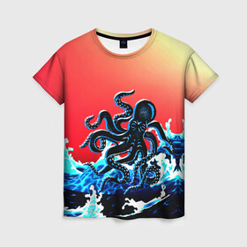 Женская футболка 3D с принтом Кракен в Море | Градиент в Новосибирске, 100% полиэфир ( синтетическое хлопкоподобное полотно) | прямой крой, круглый вырез горловины, длина до линии бедер | animal | beast | fade | kraken | monster | moon | ocean | octopus | sea | water | waves | вода | волны | градиент | животные | звери | кракен | луна | монстр | море | океан | осьминог | рыбы | щупальца