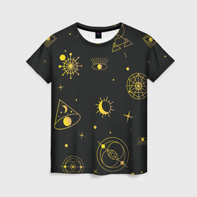 Женская футболка 3D с принтом Эзотерика в Новосибирске, 100% полиэфир ( синтетическое хлопкоподобное полотно) | прямой крой, круглый вырез горловины, длина до линии бедер | гадание | глаз | гороскоп | желтый | звезды | знаки | зодиак | магия | оккультизм | тайны | эзотерика