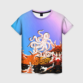 Женская футболка 3D с принтом Осьминог в Лаве | Градиент в Новосибирске, 100% полиэфир ( синтетическое хлопкоподобное полотно) | прямой крой, круглый вырез горловины, длина до линии бедер | animal | beast | fade | kraken | monster | moon | ocean | octopus | sea | water | waves | вода | волны | градиент | животные | звери | кракен | лава | луна | монстр | море | небо | огонь | океан | осьминог | рыбы | щупальца