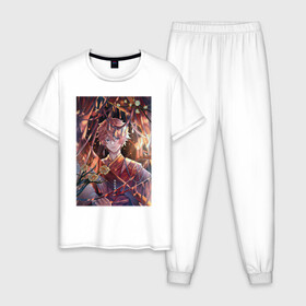 Мужская пижама хлопок с принтом Tartaglia fan art в Новосибирске, 100% хлопок | брюки и футболка прямого кроя, без карманов, на брюках мягкая резинка на поясе и по низу штанин
 | art | fanart | game | genshin | impact | tartaglia | арт | тарталья | фан