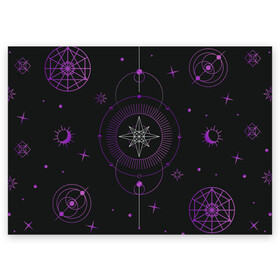 Поздравительная открытка с принтом Астрология в Новосибирске, 100% бумага | плотность бумаги 280 г/м2, матовая, на обратной стороне линовка и место для марки
 | астрология | глаз | гороскоп | звезды | лавандовый | лиловый | луна | оккультный глаз | пиктограмма | пиктограммы | руны | солнце | фиолетовый | черный и золотой | эзотерика