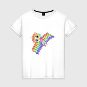 Женская футболка хлопок с принтом Единорожка на радуге в Новосибирске, 100% хлопок | прямой крой, круглый вырез горловины, длина до линии бедер, слегка спущенное плечо | rainbow | unicorn | единорог | единорожка | радуга | яркая радуга | яркий принт