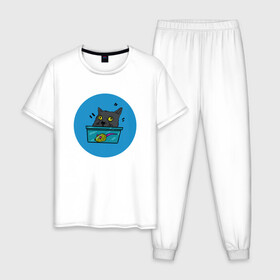 Мужская пижама хлопок с принтом Упоротый кот в Новосибирске, 100% хлопок | брюки и футболка прямого кроя, без карманов, на брюках мягкая резинка на поясе и по низу штанин
 | Тематика изображения на принте: кот | котэ | мышка | усатый | шерстяной