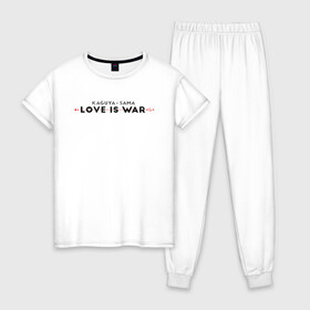 Женская пижама хлопок с принтом Kaguya-sama: love is war logo в Новосибирске, 100% хлопок | брюки и футболка прямого кроя, без карманов, на брюках мягкая резинка на поясе и по низу штанин | Тематика изображения на принте: anime | chika | chika fujiwara | kaguya | kaguya shinomiya | love | love detective | love is war | miyuki | shinomiya | аниме | анимэ | кагуя | любовь | любовь   это война | чика