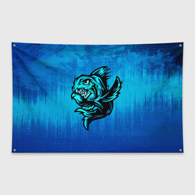 Флаг-баннер с принтом Пиранья в Новосибирске, 100% полиэстер | размер 67 х 109 см, плотность ткани — 95 г/м2; по краям флага есть четыре люверса для крепления | fish | piranha | живность | морская | на синем | пиранья | рыба