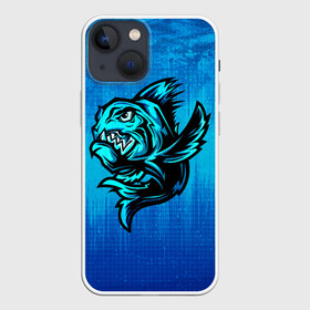 Чехол для iPhone 13 mini с принтом Пиранья в Новосибирске,  |  | fish | piranha | живность | морская | на синем | пиранья | рыба