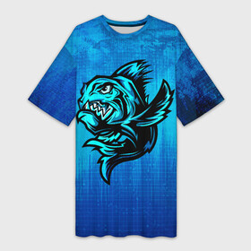 Платье-футболка 3D с принтом Пиранья в Новосибирске,  |  | fish | piranha | живность | морская | на синем | пиранья | рыба