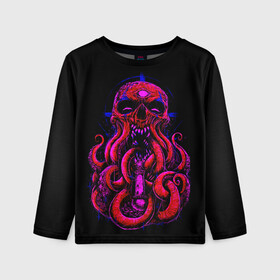 Детский лонгслив 3D с принтом Череп Осьминог Octopus Skull в Новосибирске, 100% полиэстер | длинные рукава, круглый вырез горловины, полуприлегающий силуэт
 | animal | beast | kraken | monster | ocean | octopus | sea | skull | water | waves | вода | животные | звери | кракен | монстр | море | океан | осьминог | рыбы | череп | щупальца