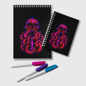 Блокнот с принтом Череп Осьминог Octopus Skull в Новосибирске, 100% бумага | 48 листов, плотность листов — 60 г/м2, плотность картонной обложки — 250 г/м2. Листы скреплены удобной пружинной спиралью. Цвет линий — светло-серый
 | Тематика изображения на принте: animal | beast | kraken | monster | ocean | octopus | sea | skull | water | waves | вода | животные | звери | кракен | монстр | море | океан | осьминог | рыбы | череп | щупальца