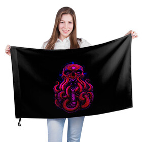 Флаг 3D с принтом Череп Осьминог Octopus Skull в Новосибирске, 100% полиэстер | плотность ткани — 95 г/м2, размер — 67 х 109 см. Принт наносится с одной стороны | animal | beast | kraken | monster | ocean | octopus | sea | skull | water | waves | вода | животные | звери | кракен | монстр | море | океан | осьминог | рыбы | череп | щупальца