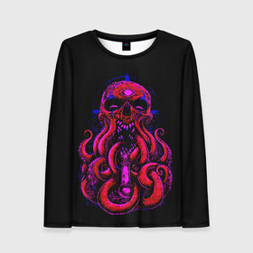 Женский лонгслив 3D с принтом Череп Осьминог Octopus Skull в Новосибирске, 100% полиэстер | длинные рукава, круглый вырез горловины, полуприлегающий силуэт | animal | beast | kraken | monster | ocean | octopus | sea | skull | water | waves | вода | животные | звери | кракен | монстр | море | океан | осьминог | рыбы | череп | щупальца