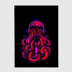 Постер с принтом Череп Осьминог Octopus Skull в Новосибирске, 100% бумага
 | бумага, плотность 150 мг. Матовая, но за счет высокого коэффициента гладкости имеет небольшой блеск и дает на свету блики, но в отличии от глянцевой бумаги не покрыта лаком | animal | beast | kraken | monster | ocean | octopus | sea | skull | water | waves | вода | животные | звери | кракен | монстр | море | океан | осьминог | рыбы | череп | щупальца