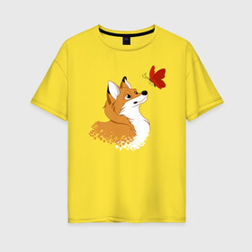 Женская футболка хлопок Oversize с принтом лиса и бабочка в Новосибирске, 100% хлопок | свободный крой, круглый ворот, спущенный рукав, длина до линии бедер
 | butterfly | fox | бабочка | звери | лиса