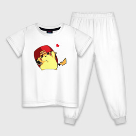Детская пижама хлопок с принтом Пикачу под бейсболкой в Новосибирске, 100% хлопок |  брюки и футболка прямого кроя, без карманов, на брюках мягкая резинка на поясе и по низу штанин
 | anime | picachu | pikachu | аниме | милый | пика | пикачу | покебол | покемон