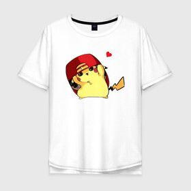 Мужская футболка хлопок Oversize с принтом Пикачу под бейсболкой в Новосибирске, 100% хлопок | свободный крой, круглый ворот, “спинка” длиннее передней части | anime | picachu | pikachu | аниме | милый | пика | пикачу | покебол | покемон