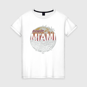 Женская футболка хлопок с принтом Miami в Новосибирске, 100% хлопок | прямой крой, круглый вырез горловины, длина до линии бедер, слегка спущенное плечо | miami | крокодил | майами | маями | море | отдых | пальмы | пляж | турист