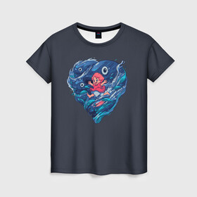 Женская футболка 3D с принтом Ocean heart. Totoro в Новосибирске, 100% полиэфир ( синтетическое хлопкоподобное полотно) | прямой крой, круглый вырез горловины, длина до линии бедер | Тематика изображения на принте: catbus | fish | heart | kanta | kusakabe | mei | ocean | ogaki | satsuki | surf | susuvatari | tatsuo | totoro | water | waves | yasuko | вода | волны | канта | котобус | кусакабэ | море | мэй | огаки | океан | прибой | рыба | сацуки | сердце | сусуватари