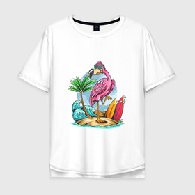 Мужская футболка хлопок Oversize с принтом Отдыхаю как фламинго в Новосибирске, 100% хлопок | свободный крой, круглый ворот, “спинка” длиннее передней части | море | океан | отдых | отпуск | пальмы | путешествие | серфинг | фламинго