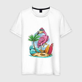 Мужская футболка хлопок с принтом Отдыхаю как фламинго в Новосибирске, 100% хлопок | прямой крой, круглый вырез горловины, длина до линии бедер, слегка спущенное плечо. | море | океан | отдых | отпуск | пальмы | путешествие | серфинг | фламинго