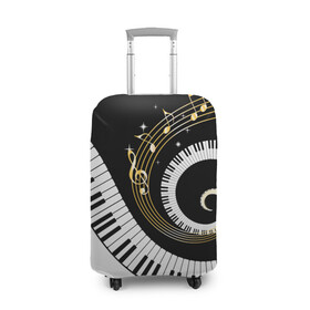 Чехол для чемодана 3D с принтом МУЗЫКАЛЬНЫЙ УЗОР в Новосибирске, 86% полиэфир, 14% спандекс | двустороннее нанесение принта, прорези для ручек и колес | black and white | gold | music | notes | piano | звуки | золото | клавиши | красота | музыка | ноты | рояль | спираль | узор | черно белое