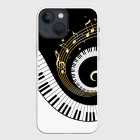 Чехол для iPhone 13 mini с принтом МУЗЫКАЛЬНЫЙ УЗОР в Новосибирске,  |  | black and white | gold | music | notes | piano | звуки | золото | клавиши | красота | музыка | ноты | рояль | спираль | узор | черно белое