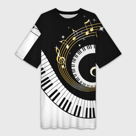 Платье-футболка 3D с принтом МУЗЫКАЛЬНЫЙ УЗОР в Новосибирске,  |  | black and white | gold | music | notes | piano | звуки | золото | клавиши | красота | музыка | ноты | рояль | спираль | узор | черно белое