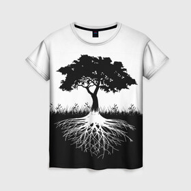 Женская футболка 3D с принтом ДЕРЕВО ИНЬ-ЯНЬ в Новосибирске, 100% полиэфир ( синтетическое хлопкоподобное полотно) | прямой крой, круглый вырез горловины, длина до линии бедер | blackwhite | evil | tree | дерево | добро | зло | инь янь | корни | лес | листья | природа | саванна | узор | черно белое