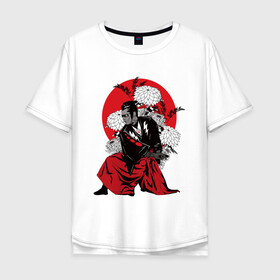 Мужская футболка хлопок Oversize с принтом САМУРАЙ 007 в Новосибирске, 100% хлопок | свободный крой, круглый ворот, “спинка” длиннее передней части | black | bond | flowers | japan | red | samurai | кимоно | костюм | меч | самурай | цветы | япония