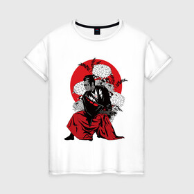 Женская футболка хлопок с принтом САМУРАЙ 007 в Новосибирске, 100% хлопок | прямой крой, круглый вырез горловины, длина до линии бедер, слегка спущенное плечо | black | bond | flowers | japan | red | samurai | кимоно | костюм | меч | самурай | цветы | япония