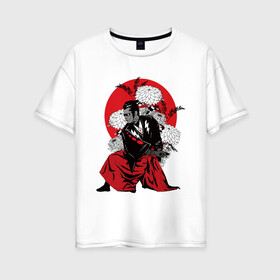 Женская футболка хлопок Oversize с принтом САМУРАЙ 007 в Новосибирске, 100% хлопок | свободный крой, круглый ворот, спущенный рукав, длина до линии бедер
 | black | bond | flowers | japan | red | samurai | кимоно | костюм | меч | самурай | цветы | япония