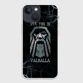 Чехол для iPhone 13 mini с принтом See you in Valhalla в Новосибирске,  |  | odin | odinn | see you in valhalla | бог один | вальхала | вальхалла | викинг | викинги | всеотец | до встречи в вальхалле | кельт | кельтский узор | лик | лицо одина | один | перун | символ | символ викингов