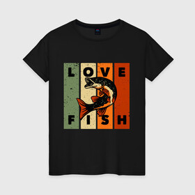 Женская футболка хлопок с принтом Love fish Люблю рыбу  в Новосибирске, 100% хлопок | прямой крой, круглый вырез горловины, длина до линии бедер, слегка спущенное плечо | Тематика изображения на принте: angler | bait | big | fish | fisherman | fishermen | fishing | fishing rod | fly fishing | funny fishing | outdoors | trout | для рыбака | отдых | природа | рыба | рыбак | рыбаку | рыбалка | северная щука | туризм | туристиче