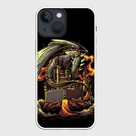 Чехол для iPhone 13 mini с принтом БИТВА С ДРАКОНОМ в Новосибирске,  |  | battle | dragon | fantasy | fire | king | knight | битва | дракон | дым | замок | зверь | король | огонь | рыцарь | фэнтези