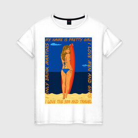 Женская футболка хлопок с принтом Женщина на море в Новосибирске, 100% хлопок | прямой крой, круглый вырез горловины, длина до линии бедер, слегка спущенное плечо | beach | sea | summer | the sun | woman | женщина | лето | море | пляж | солнце | я люблю море