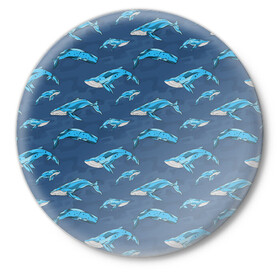 Значок с принтом Киты на синем в Новосибирске,  металл | круглая форма, металлическая застежка в виде булавки | whale | кит | киты | море | на синем | паттерн