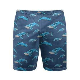 Мужские шорты спортивные с принтом Киты на синем в Новосибирске,  |  | whale | кит | киты | море | на синем | паттерн